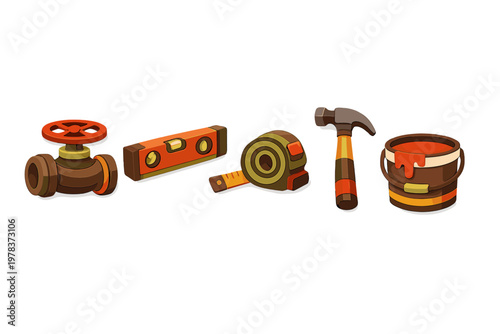 A set of stylized 3D icons featuring construction tools including a
