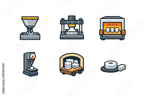 A set of six vector icons illustrating an industrial manufacturing