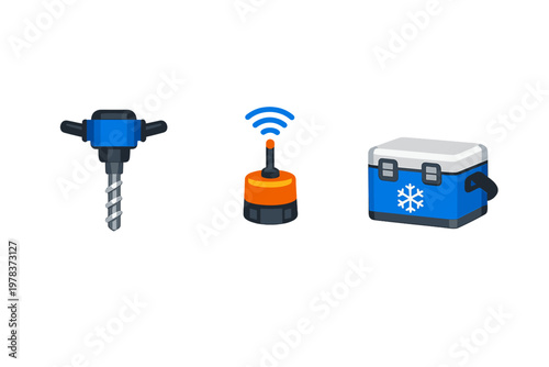 Three isolated vector illustrations of a pneumatic drill, an