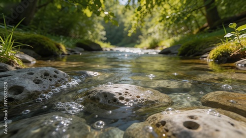 Clear stream with rocks and bubbles