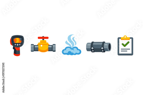 This collection of flat icons represents industrial maintenance and