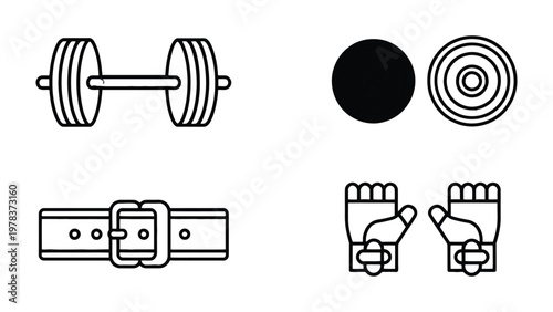 Fitness Essentials Illustration: A detailed line illustration showcasing essential fitness equipment. Depicting a barbell, weight plates, weightlifting belt, and training gloves.