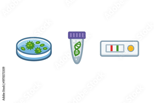 A set of three medical icons featuring a Petri dish with green