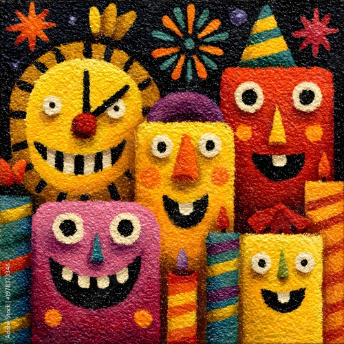 Festive Faces and Celebrations: A lively collection of cheerful, whimsical creatures with expressive faces celebrate amidst colorful fireworks and festive decorations.