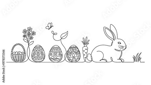 Easter bunny and eggs illustration. Continuous line style. Hand drawn. Line art. Vector design. illustration