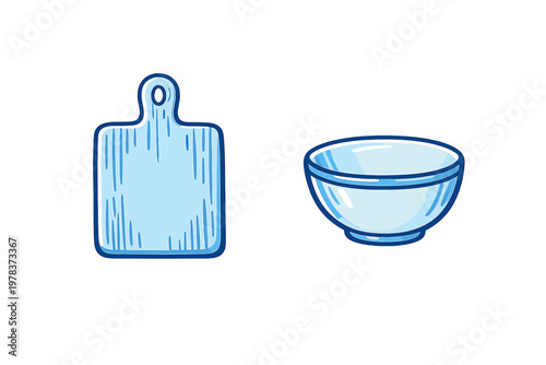 A blue-toned illustration featuring a wooden cutting board with a