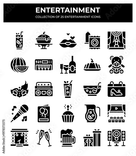 Collection of 25 Entertainment Icons. Party. Celebration. and Nightlife Graphics