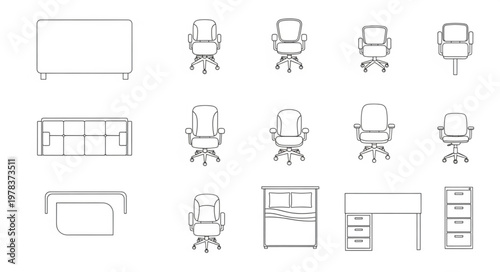 Office Furniture Collection Top View Line Art Icons.