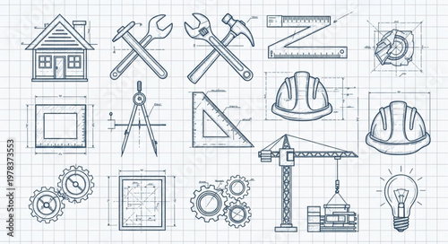Construction and Engineering Tools and Blueprints Collection.