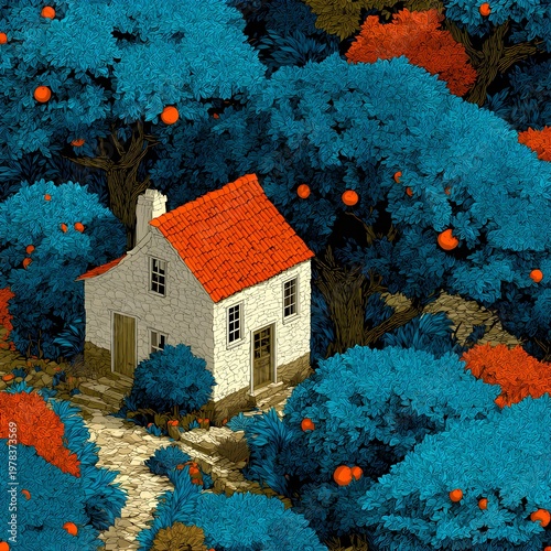 Idyllic Cottage: A charming cottage nestled amidst a vibrant forest of blue trees with a red tile roof and orange fruit, creating a surreal and inviting atmosphere.