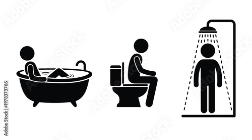 Bathroom activities depicted with simple figures bathing toileting and showering silhouette