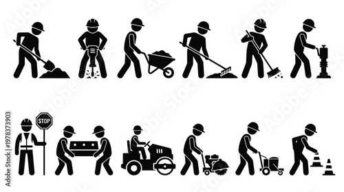 Diverse construction workers performing various jobs depicted as a stark silhouette