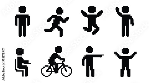 A collection of pixelated black figures depicting various human activities silhouette
