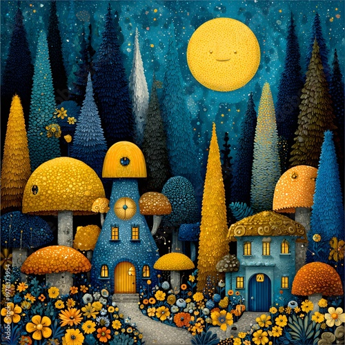 Enchanted Mushroom Village under the Moon: Whimsical dwellings, shaped like mushrooms and quirky structures, nestle in a mystical forest bathed in the soft glow of moonlight and stars.