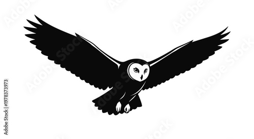 Black owl flying, bird silhouette, winged animal, wildlife icon