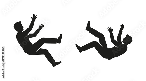 Two figures are depicted in mid air appearing to fall or jump a striking silhouette