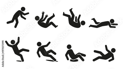 A series of stick figure silhouettes depicting various falling and tumbling human poses silhouette