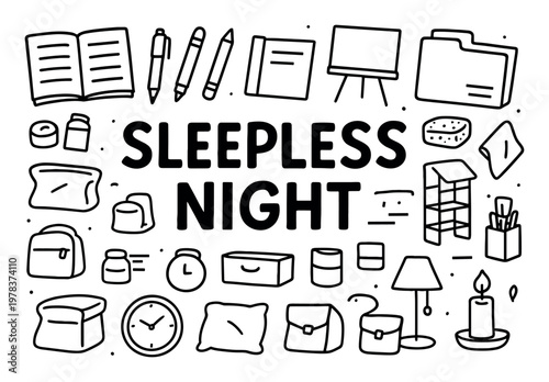 Sleepless night icons with book clock pillow outline