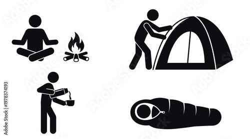 Camping activities including meditation tent pitching cooking and sleeping silhouette high quality