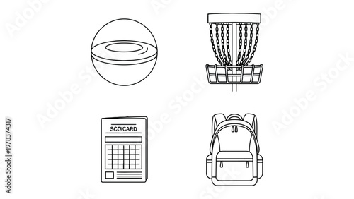 Disc Golf Essentials Illustration: An illustration captures the fundamental elements of disc golf, showcasing a disc, basket, scorecard, and backpack, essential for the game. 