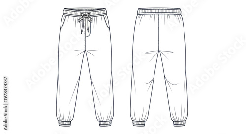 Fashion Flat Sketch: Front and Back View of Jogger Pants with Drawstring