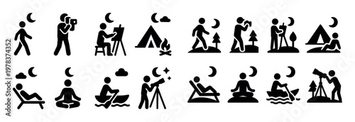 Camp icons with tent and telescope simple outline