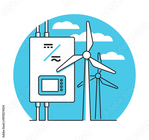 Wind turbine inverter icon in thin line and blue circle