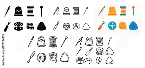 Sewing icons with thimble needle spool flat