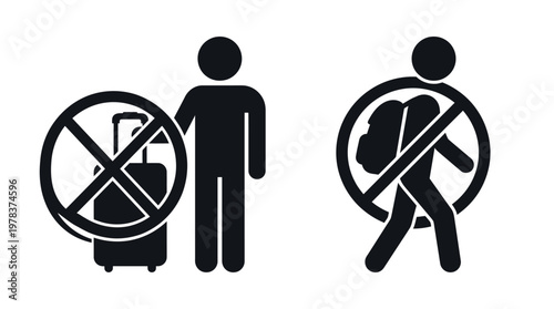 Prohibited items signage featuring luggage and a backpack a stark black silhouette