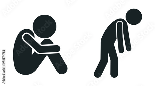 Two figures in distress one curled up and the other slumped over a stark silhouette