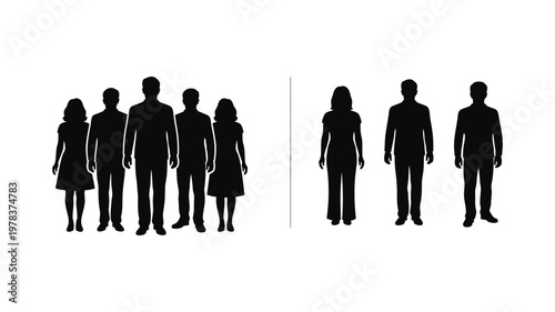 Silhouettes of people standing in two groups.