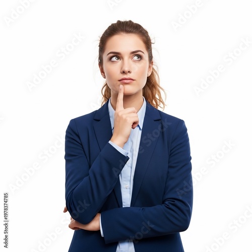 Businesswoman thinking with finger on face.