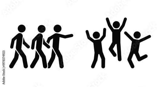 A group of stick figures joyfully walking and jumping in a celebratory scene silhouette