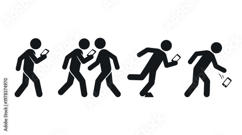 A series of stick figures demonstrates the stages of phone dependence and distraction silhouette