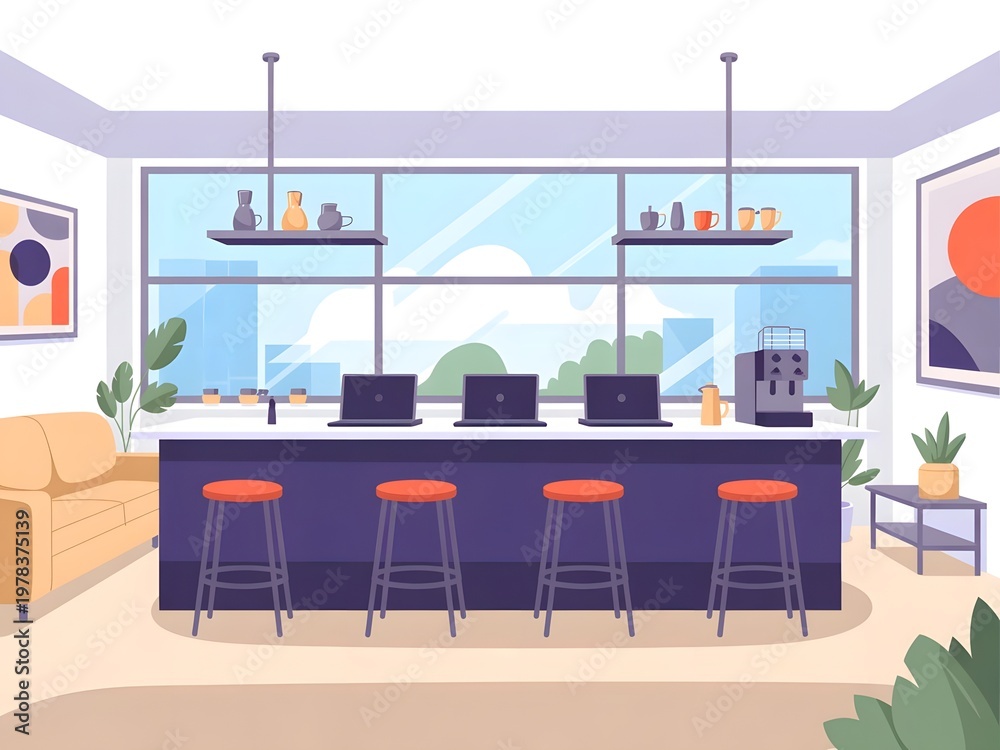 Fototapeta premium modern home bar counter with stools and cityscape view at dusk