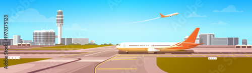 Airport terminal background with airplane on runway and another plane taking off. Wide aviation banner featuring passenger aircraft side view and airport infrastructure.