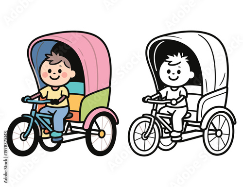 Little boy riding colorful rickshaw tricycle beside black and white line art illustration.