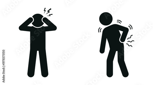 Two figures experiencing physical distress one with a headache and another with back pain silhouette