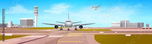 Airport runway banner with commercial airplane front view and control tower. Aviation concept: Passenger jet on tarmac at the airport with city buildings. aircraft ready for takeoff