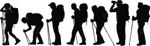 Collection of hiking and trekking silhouettes, black mountain climber icons for travel, outdoor adventure and camping