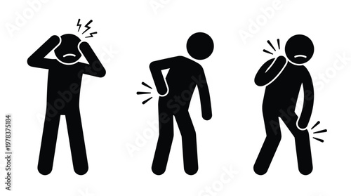 Three figures experiencing different types of physical pain shown in black silhouette