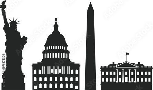 Famous American landmark silhouettes, black icons of Statue of Liberty, Capitol, Washington Monument and White House