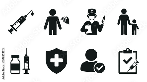 Black and white medical icons depict vaccination healthcare workers and safety procedures silhouette