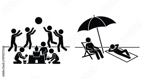 Beach scene depicting people playing building and relaxing in a minimalist silhouette