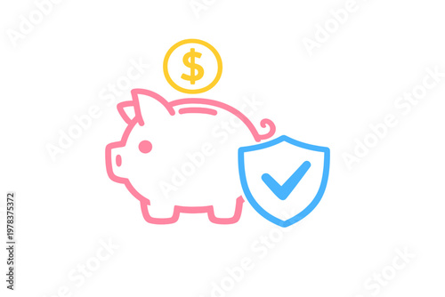 A minimalist vector illustration of a pink piggy bank with a yellow