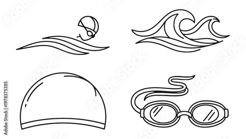 Swimming Icon Set: A collection of simple line art icons related to swimming, including a swimmer, waves, a swim cap, and goggles.