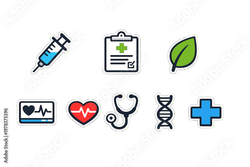 A collection of modern medical and healthcare vector stickers