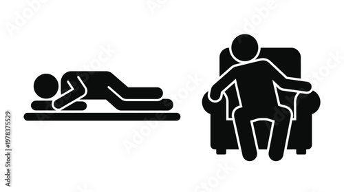 A person relaxes on a couch while another lies on a bed black silhouette
