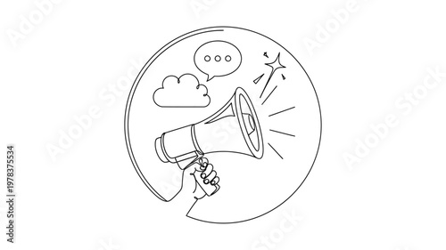 A hand holding a megaphone with speech bubble. Continuous line style. Hand drawn. Line art. Vector design. illustration