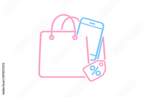 A minimalist outline illustration featuring a pink shopping bag